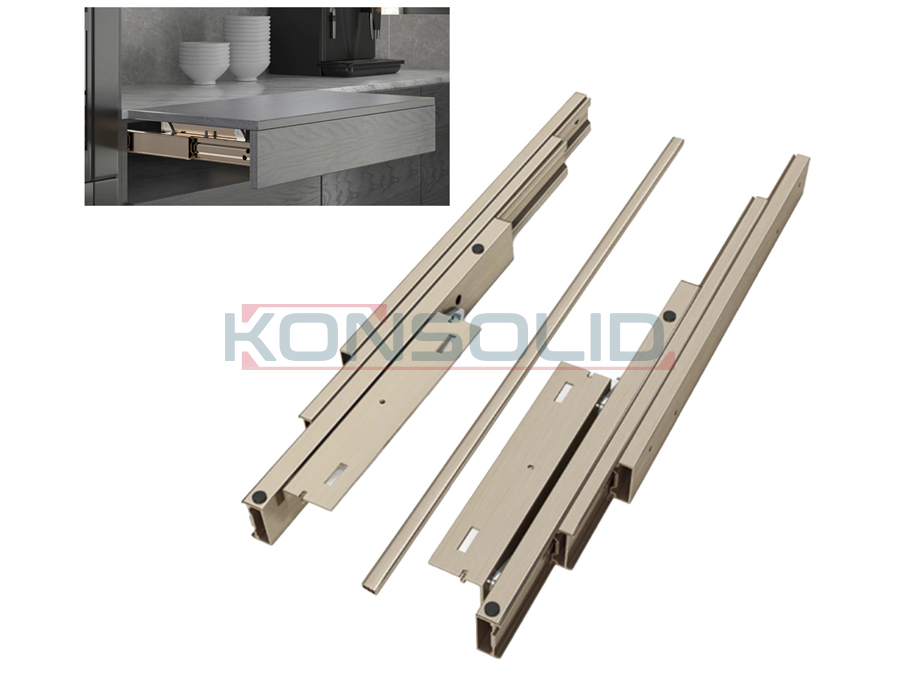 Pull out tabletop rail with soft closing